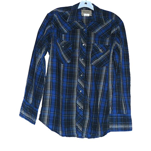 Wrangler blue plaid button down shirt size large, western style pearl snaps - Picture 1 of 3